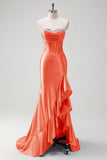 Sparkly Grey Blue Mermaid Strapless Ruffle Corset Satin Long Formal Dress with Slit