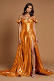 Golden Metallic Ruffled A Line Long Formal Dress with Slit