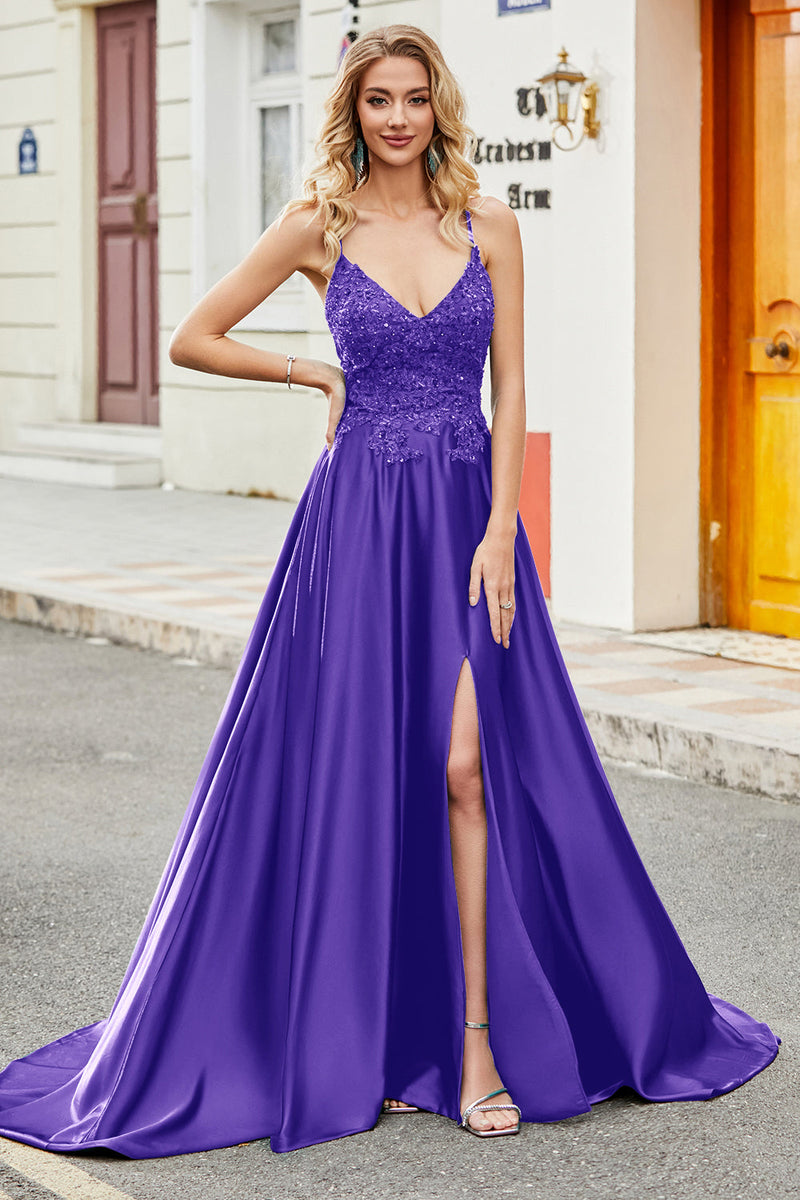 Load image into Gallery viewer, Royal Blue A Line Spaghetti Straps Long Backless Formal Dress with Appliques