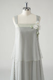 Grey Tiered Chiffon Spaghetti Straps Mother of the Bride Dress with Beading