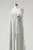 Grey Tiered Chiffon Spaghetti Straps Mother of the Bride Dress with Beading