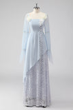 Lace Light Blue Chiffon Long Sleeves Spaghetti Straps Mother of the Bride Dress