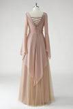 Blush A Line V Neck Chiffon Long Sleeves Mother of the Bride Dress with Beading