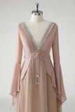 Blush A Line V Neck Chiffon Long Sleeves Mother of the Bride Dress with Beading