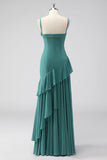 Ruffles Grey Green Spaghetti Straps Sheath Wedding Guest Dress