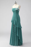 Ruffles Grey Green Spaghetti Straps Sheath Wedding Guest Dress