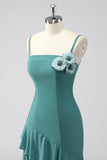 Ruffles Grey Green Spaghetti Straps Sheath Wedding Guest Dress