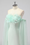 Light Green Strapless Cape Sleeves Sheath Wedding Guest Dress