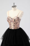 Black Tulle Tiered Spaghetti Straps Appliques A Line Long Prom Dress