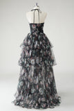 Black A Line Tiered Halter Floral Wedding Guest Dress With Detachable Hem