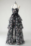 Black A Line Tiered Halter Floral Wedding Guest Dress With Detachable Hem