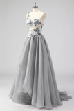 Grey A Line One Shoulder Hollow-out Long Prom Dress with Beading