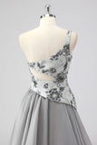 Grey A Line One Shoulder Hollow-out Long Prom Dress with Beading