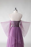 A Line Off The Shoulder Purple Sequins Wedding Guest Dress