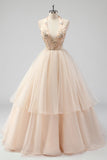 A Line Tiered Champagne Halter Beaded Formal Dress