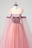 A Line Pink Cape Sleeves Off The Shoulder Sequins Formal Dress