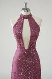 Halter Cut Out Sequins Purple Mermaid Formal Dress With Detachable Skirt Overlay