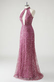 Halter Cut Out Sequins Purple Mermaid Formal Dress With Detachable Skirt Overlay