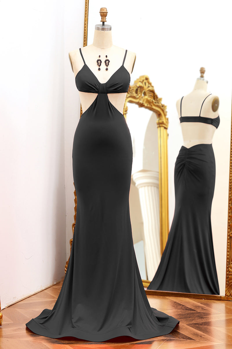 Load image into Gallery viewer, Black Spaghetti Straps Mermaid Backless Formal Dress