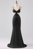 Black Spaghetti Straps Mermaid Backless Formal Dress