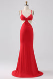 Spaghetti Straps Mermaid Backless Red Formal Dress