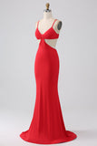 Spaghetti Straps Mermaid Backless Red Formal Dress