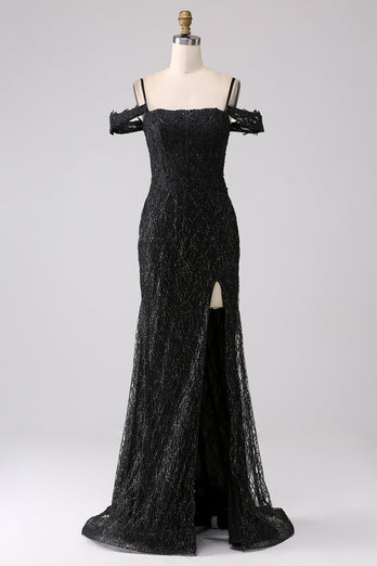 Black Mermaid Cold Shoulder Long Formal Dress with Slit