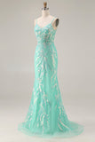 Mermaid Sequins Corset Long Mint Green Prom Dress with Embroidery