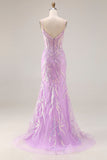 Sparkly Purple Mermaid Corset Sequins Long Prom Dress with Lace Appliques
