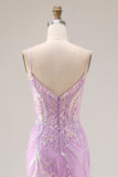 Sparkly Purple Mermaid Corset Sequins Long Prom Dress with Lace Appliques