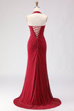 Dark Red Halter Beaded Mermaid Lace Up Back Long Prom Dress with Slit