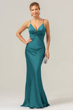 Dusty Blue Mermaid Spaghetti Straps Hollow Out Twist Front Bridesmaid Dress