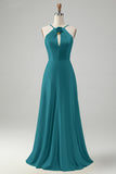 Halter A-Line Eucalyptus Cut Out Long Bridesmaid Dress with Flower