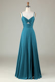 Peacock Keyhole Spaghetti Straps Bridesmaid Dress with Slit