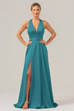 Dusty Blue A Line V-Neck Backless Satin Long Bridesmaid Dress with Slit