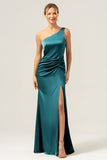 Fuchsia Mermaid One Shoulder Backless Satin Long Bridesmaid Dress