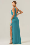 Dusty Blue Mermaid Deep V Neck Backless Long Bridesmaid Dress with Slit