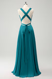 A-Line Dusty Blue V-Neck Backless Bridesmaid Dress with Slit