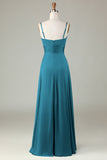 Peacock Keyhole Spaghetti Straps Bridesmaid Dress with Slit