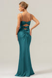 Dusty Blue Mermaid Spaghetti Straps Hollow Out Twist Front Bridesmaid Dress