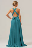 Dusty Blue A Line V-Neck Backless Satin Long Bridesmaid Dress with Slit