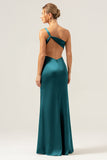 Dusty Sage Mermaid One Shoulder Backless Satin Long Bridesmaid Dress