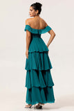 Candy Pink A Line Off the Shoulder Tiered  Pleated Long Bridesmaid Dress with Slit