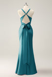 Dusty Sage Mermaid V Neck Satin Long Bridesmaid Dress