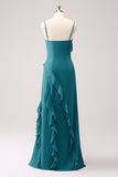 Peacock Spaghetti Straps Chiffon Bridesmaid Dress with Ruffle