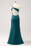 Dusty Blue One Shoulder Mermaid Satin Long Bridesmaid Dress