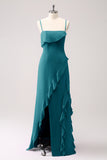 Peacock Spaghetti Straps Chiffon Bridesmaid Dress with Ruffle