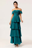 Candy Pink A Line Off the Shoulder Tiered  Pleated Long Bridesmaid Dress with Slit