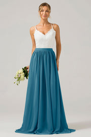 Open Back Peacock A-line Chiffon Long Boho Bridesmaid Dress with Lace