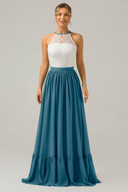 Peacock Halter Boho Chiffon Keyhole Long Bridesmaid Dress with Lace